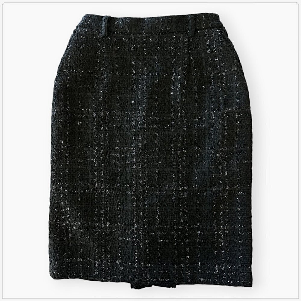 House of Bruar Black Metallic Shimmer Tweed Pencil Straight Skirt Vintage 10